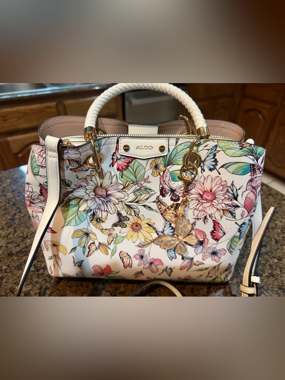 ALDO White Floral & Butterfly Satchel with Gold Charm